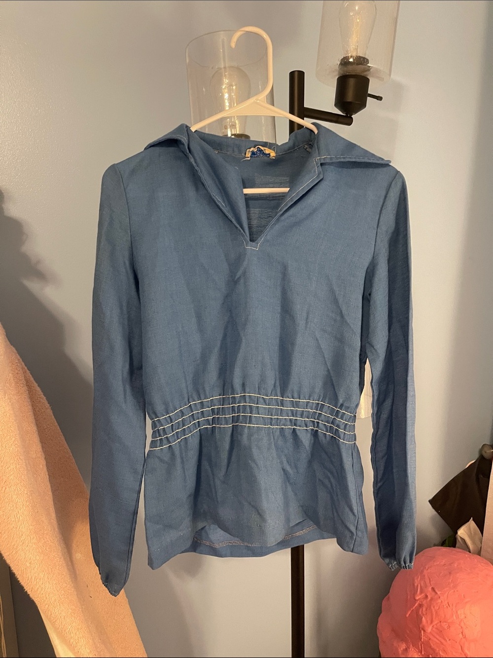 Women's Blue Long-Sleeve V-Neck Gathered Waist Blouse